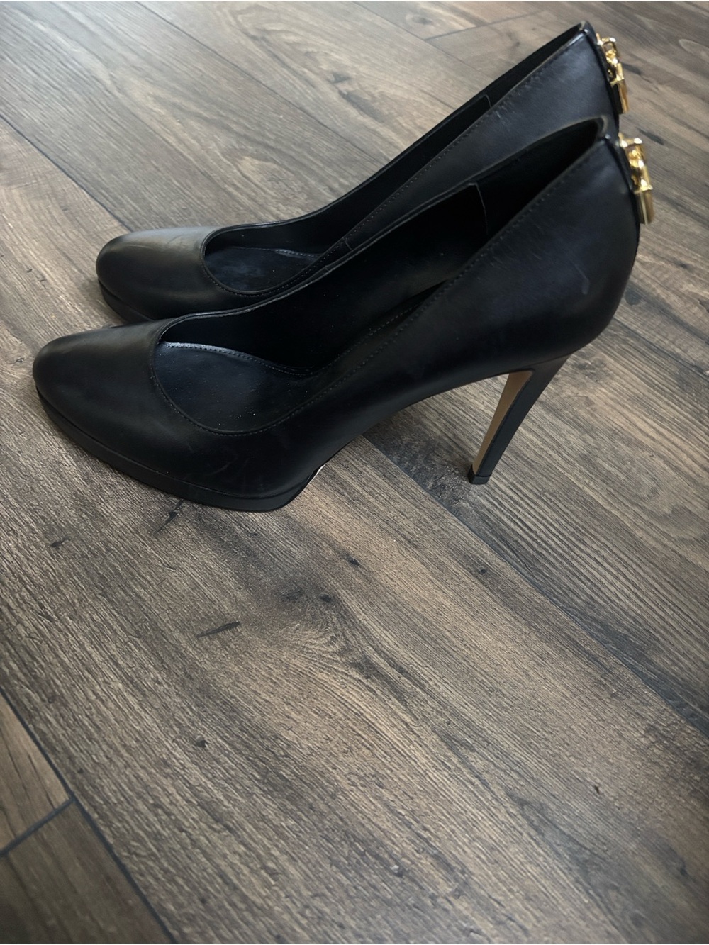 MICHAEL Michael Kors Black Leather Pointed-Toe Pumps with Gold Heel Accent